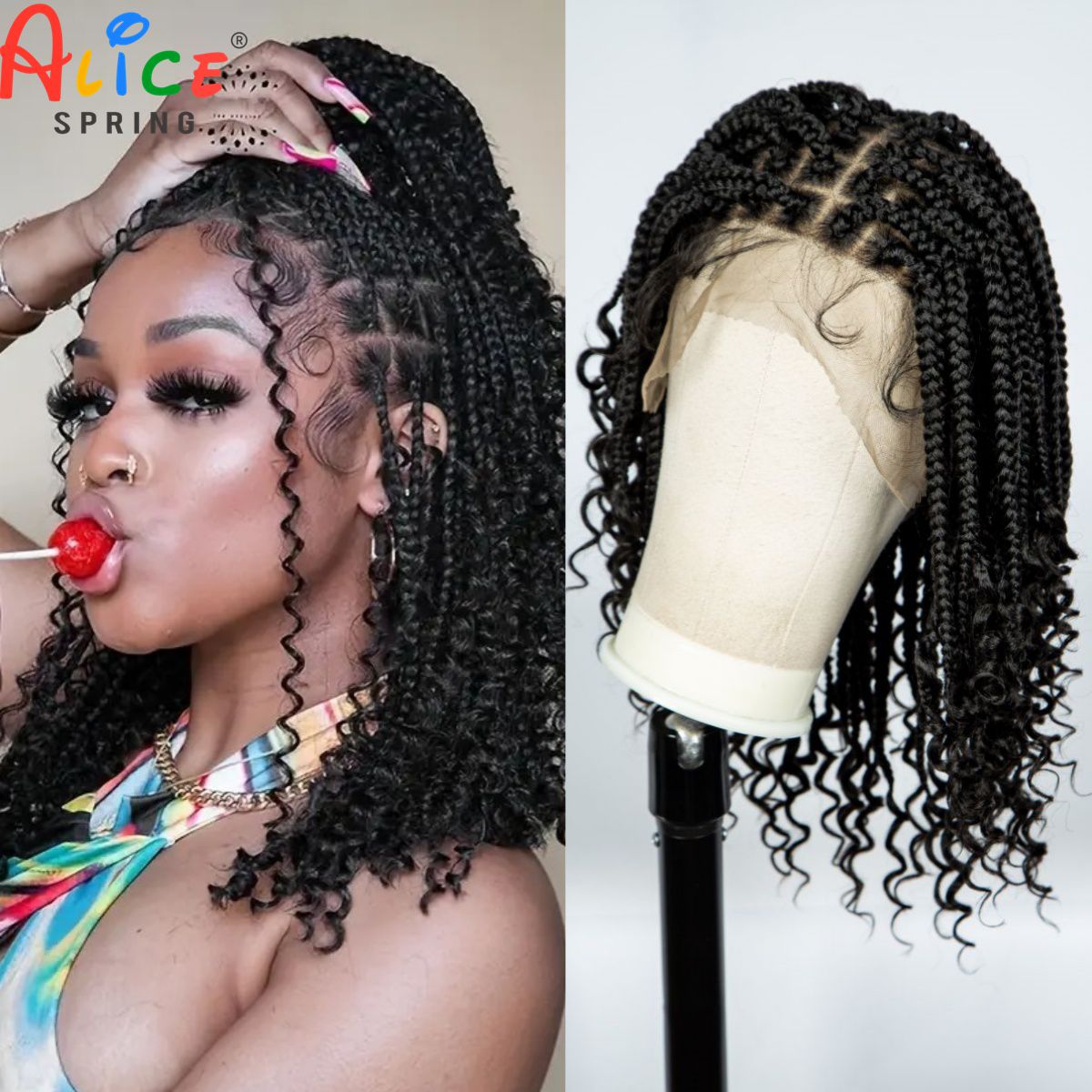 Synthetic Braided Wigs For Black Women - Knooploze doos gevlochten pruiken met krullende